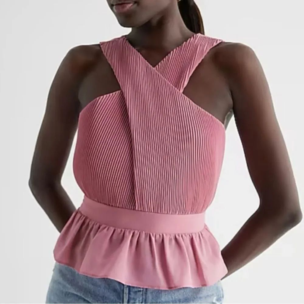 Express Pink TwistโHalter Neck Pleated Peplum Tank Top